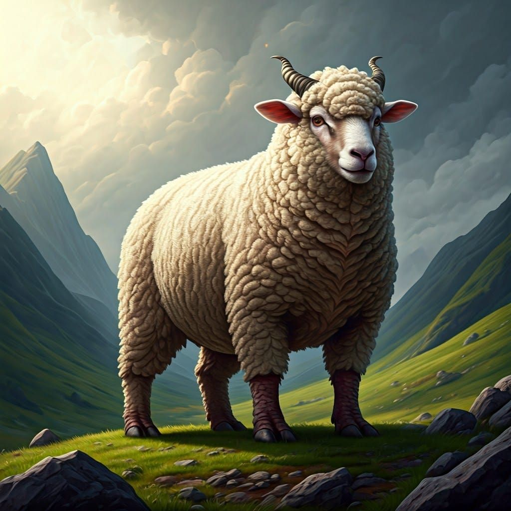 Majestic Dragon-Sheep in Enchanted Fantasy Landscape