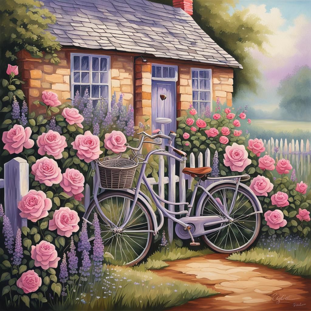 Quaint English Cottage with Roses in Acrylic Style