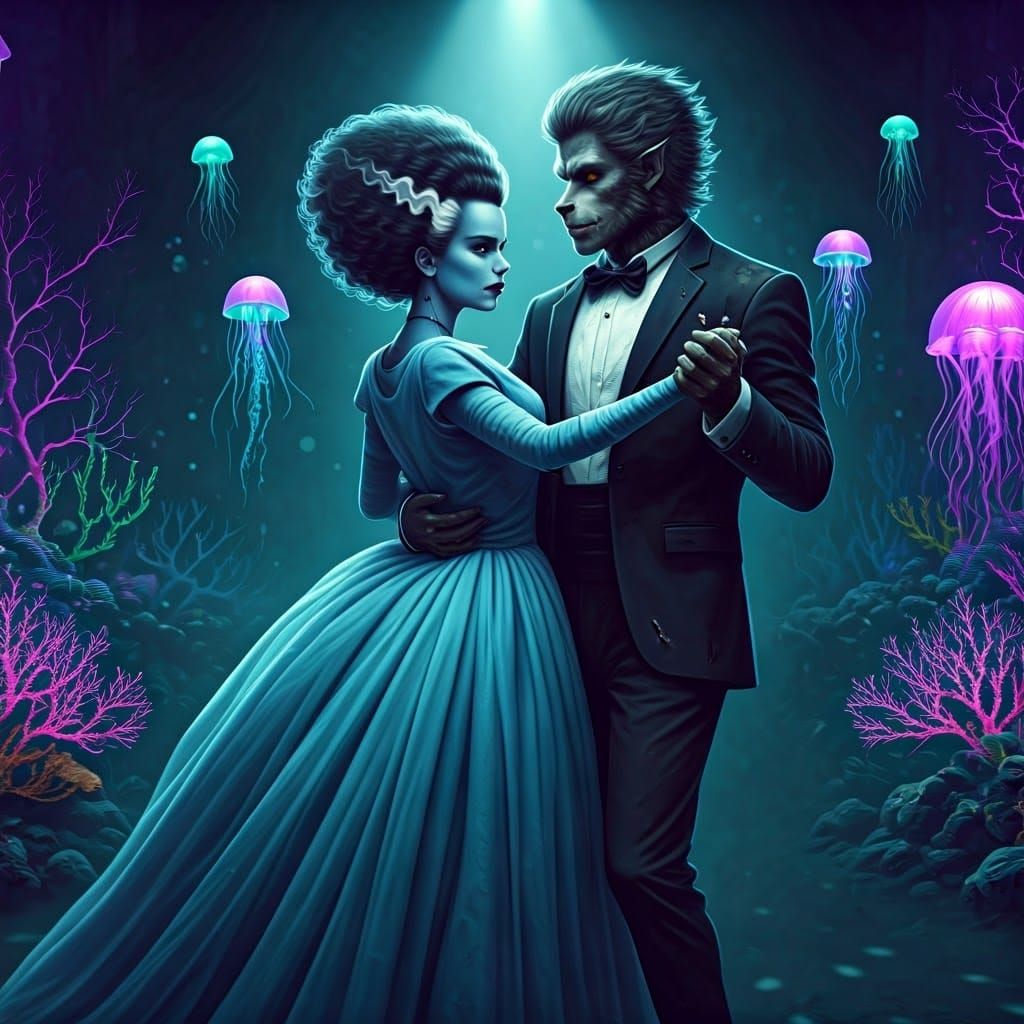 Bride of Frankenstein and Werewolf at Underwater Prom