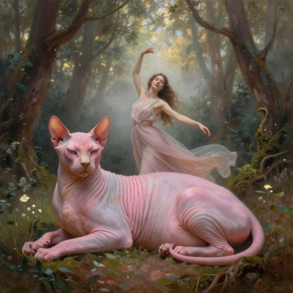 Mystical Forest Dance with Giant Sphynx Cat