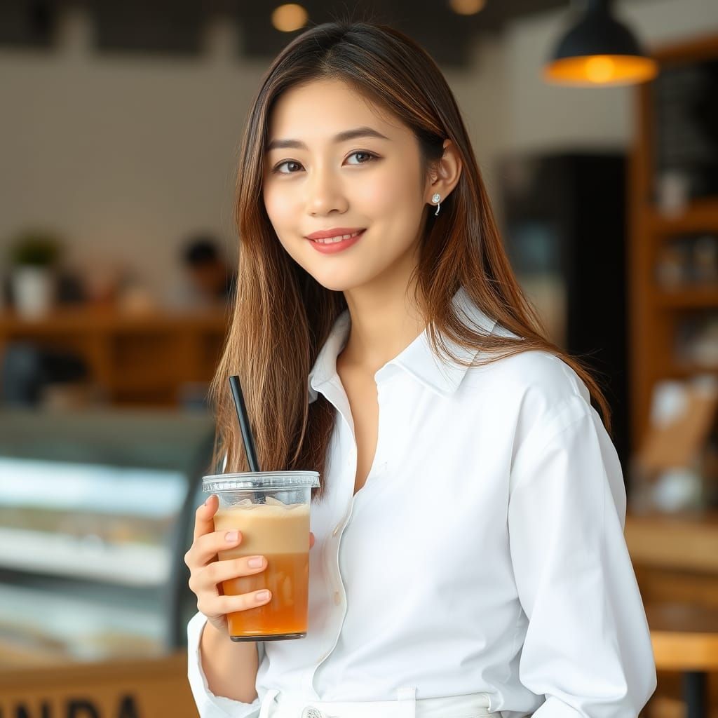 Young Asian Woman Holding Drink in Coffee Shop