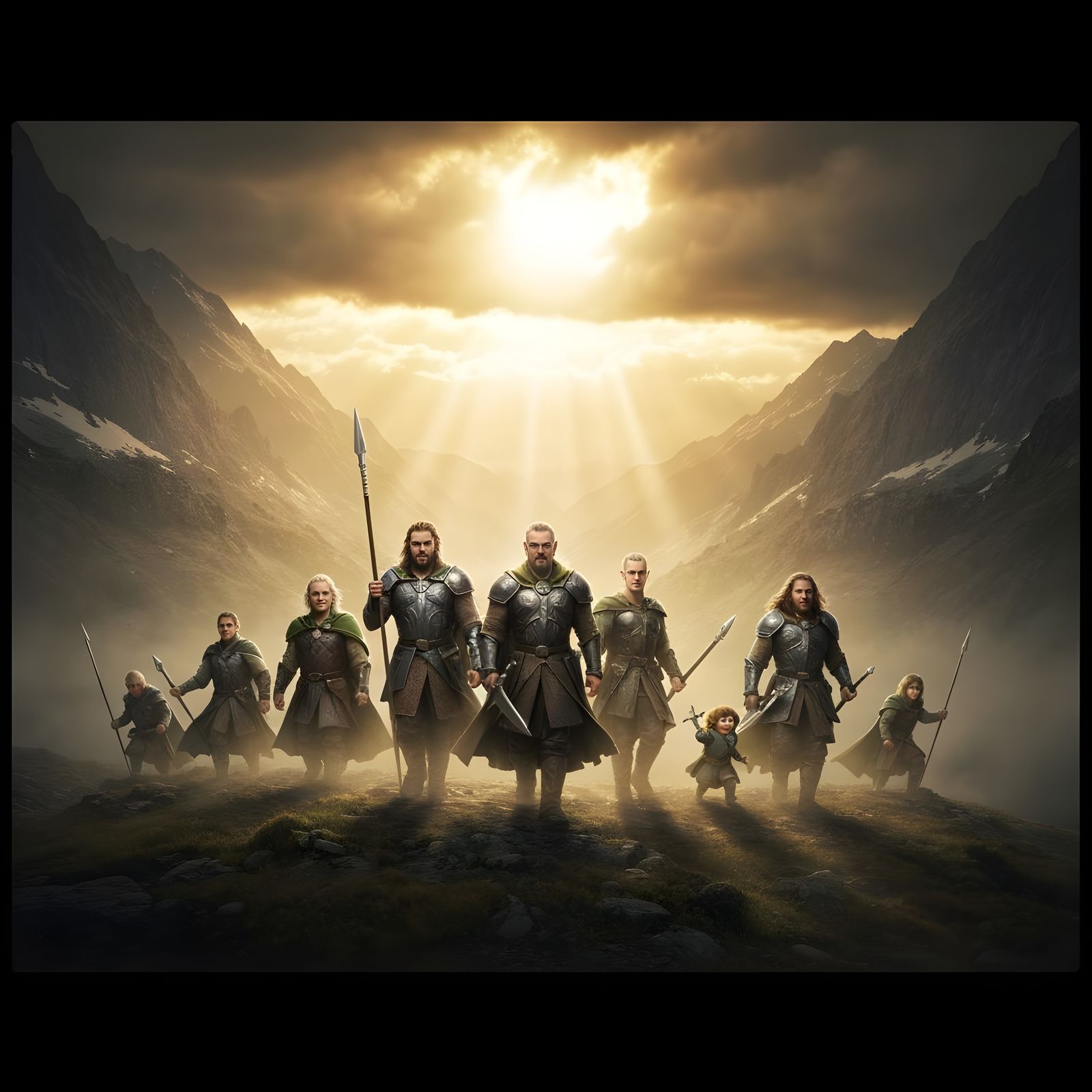 Epic Fantasy Fellowship in Mountain Pass, Cinematic Realism
