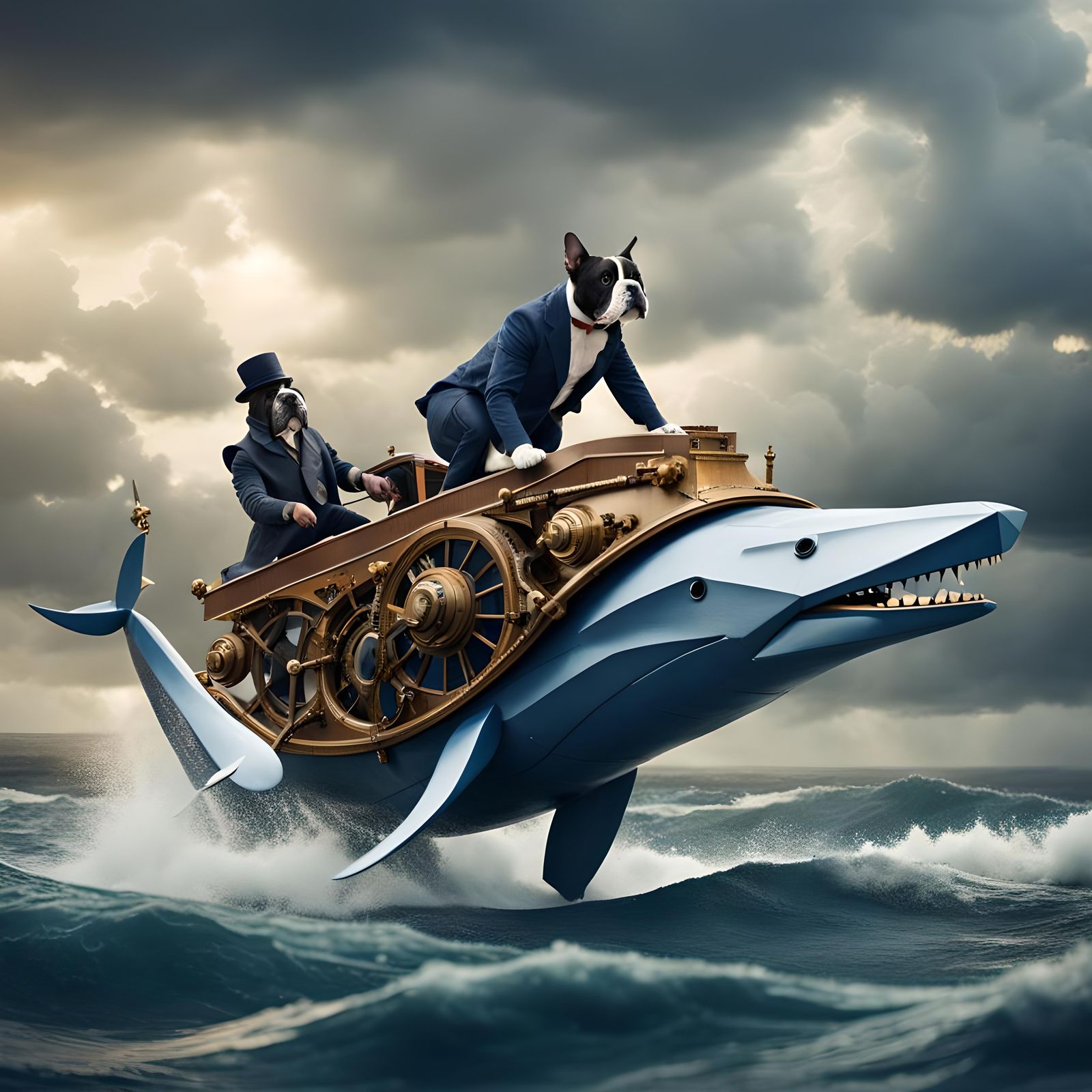 Old Cat and Dog Surfing on Steampunk Whale