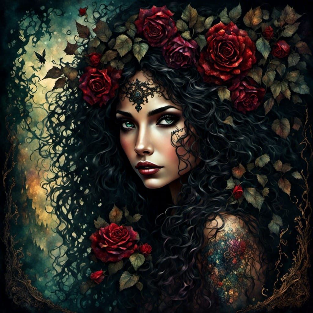 Eerie Gypsy Woman with Roses and Skulls