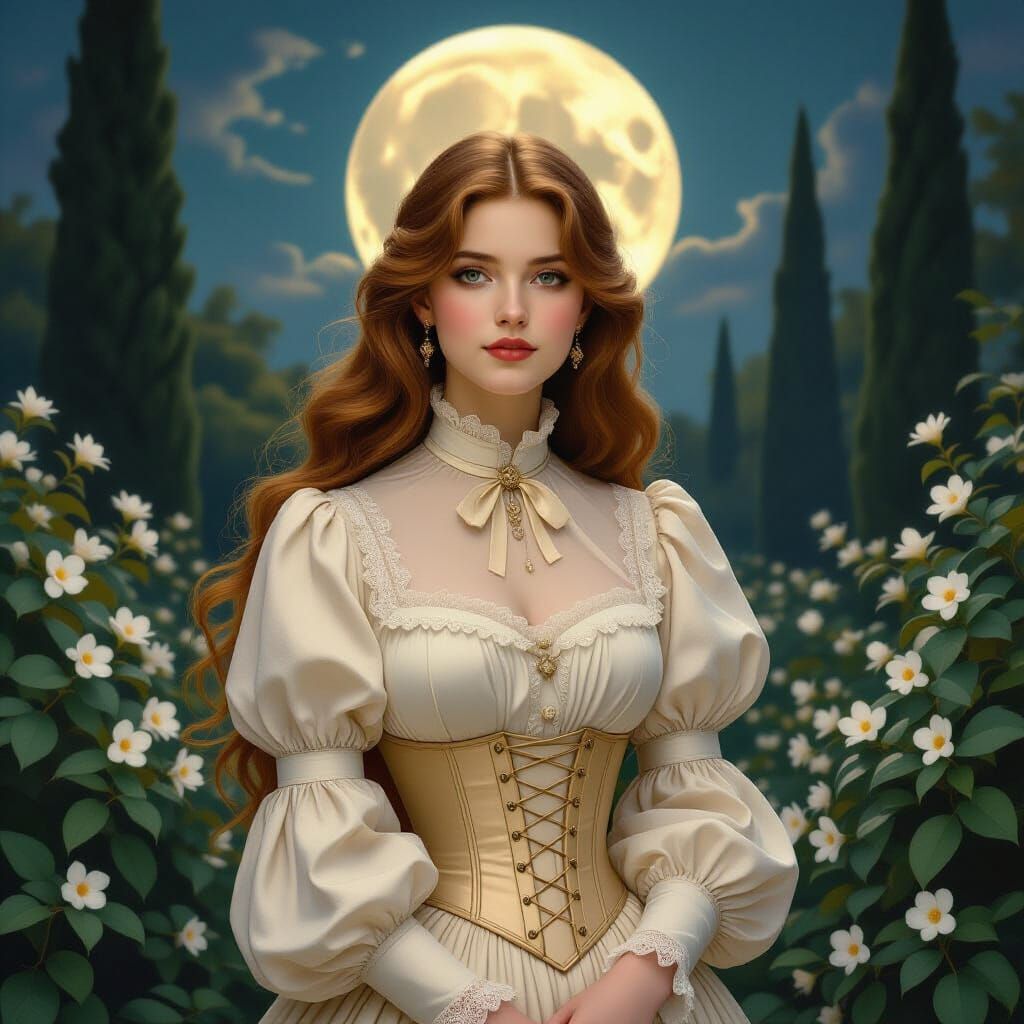 Ethereal Woman in Moonlit Garden, Art Nouveau Style