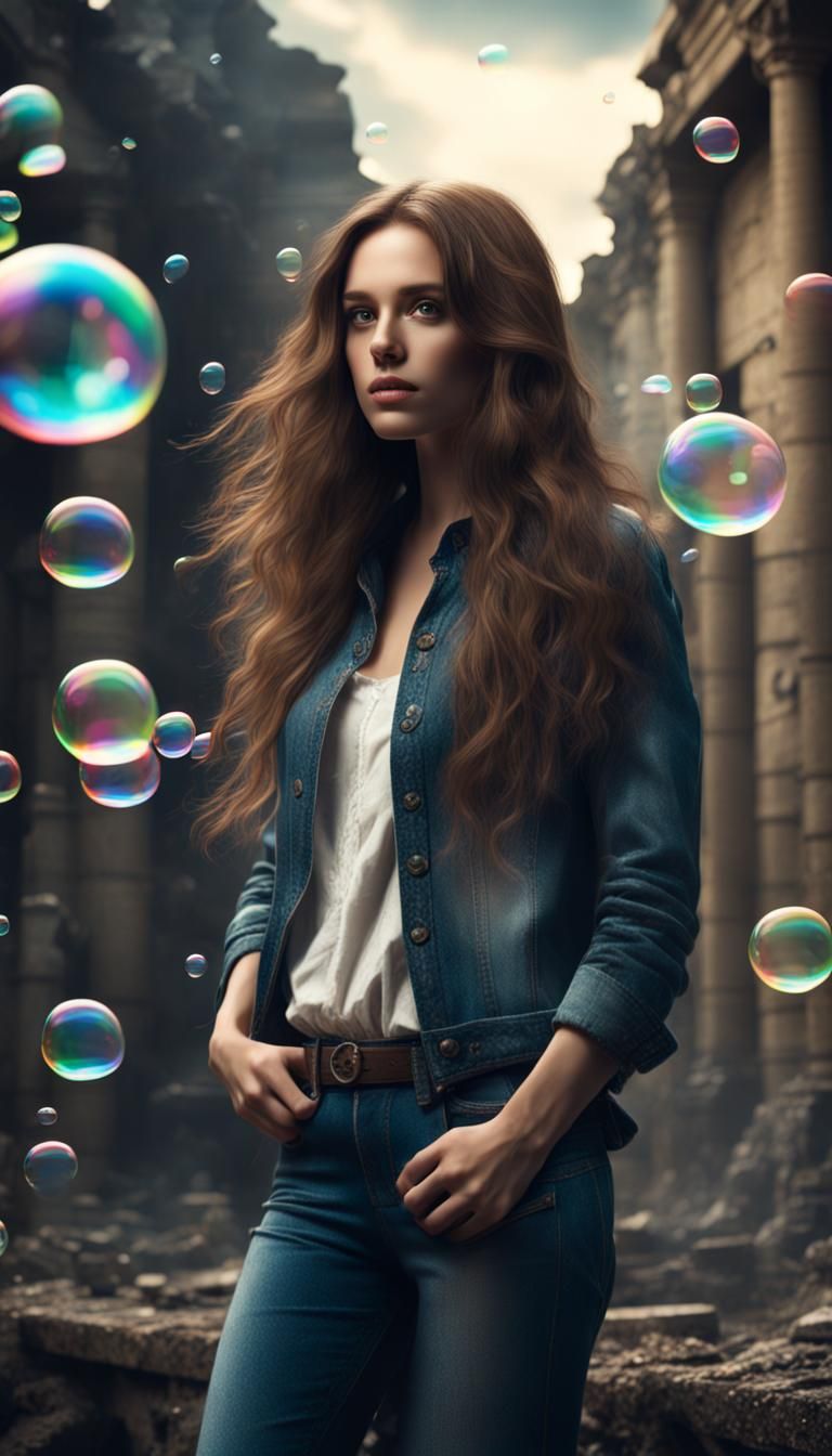 Woman in Ruins with Bubbles: Digital Matte Painting