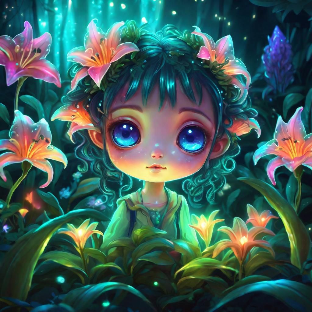Chibi Bioluminescent Lily Flower in Magical Garden