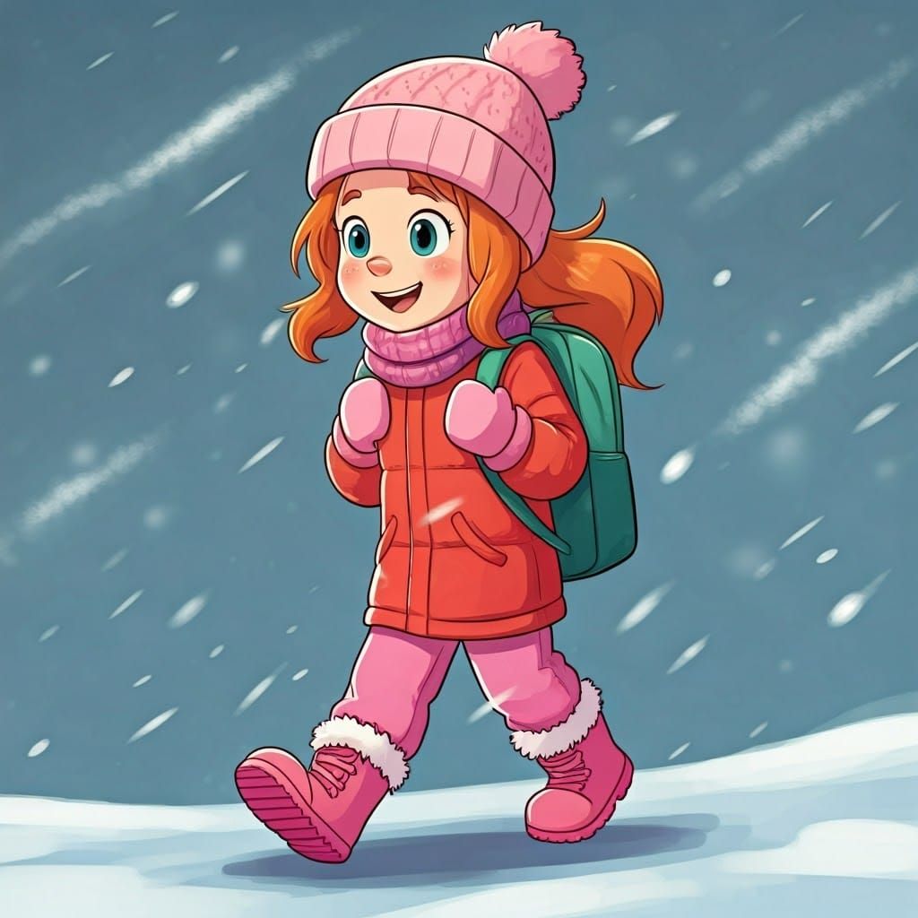 Girl Walking to School on a Frosty Day