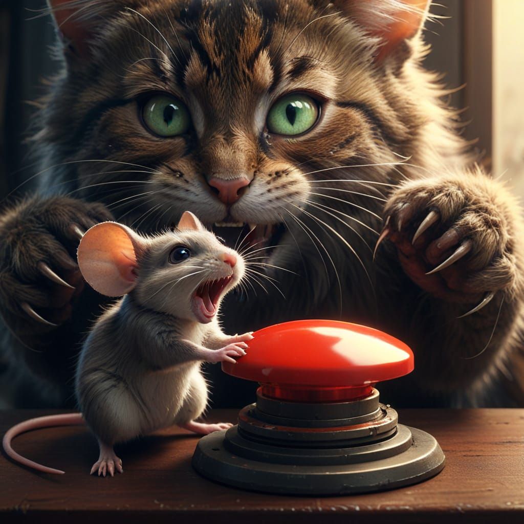 Mouse in Distress as Large Cat Lurks Nearby in Fine Art