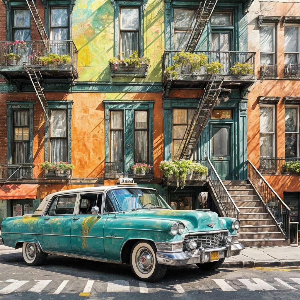 Cadillac Taxi in New York, Watercolor Illustration
