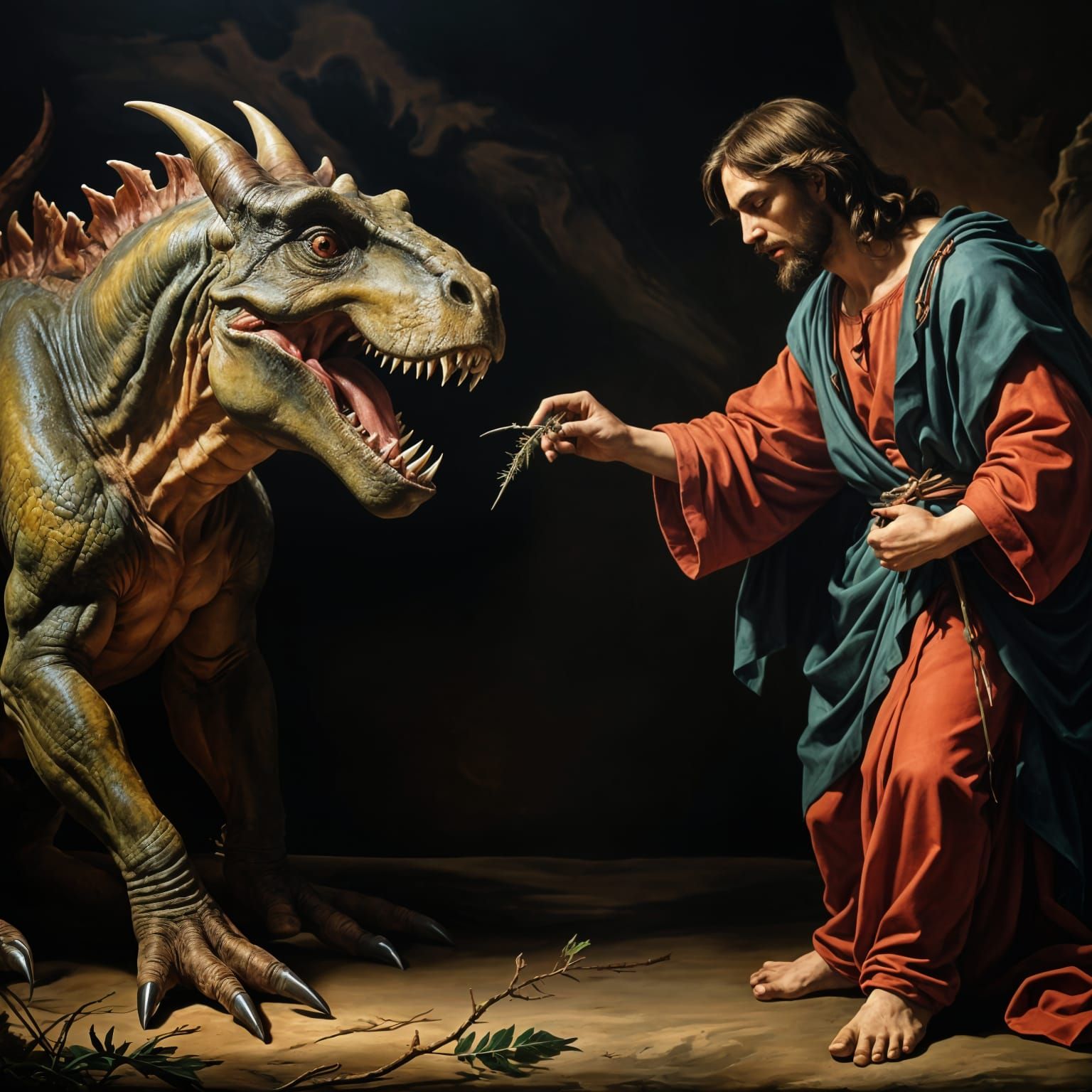 Jesus Pulling a Thorn from a Dinosaur