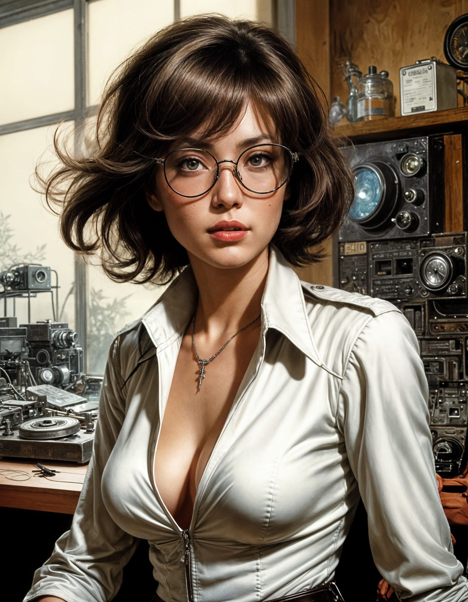 Fierce Woman in 1970s Electronic Repair Shop