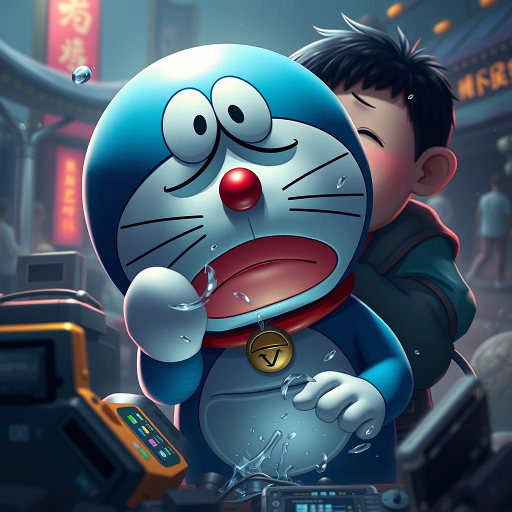 Doraemon's Heartfelt Plea in Fantastical Landscapes