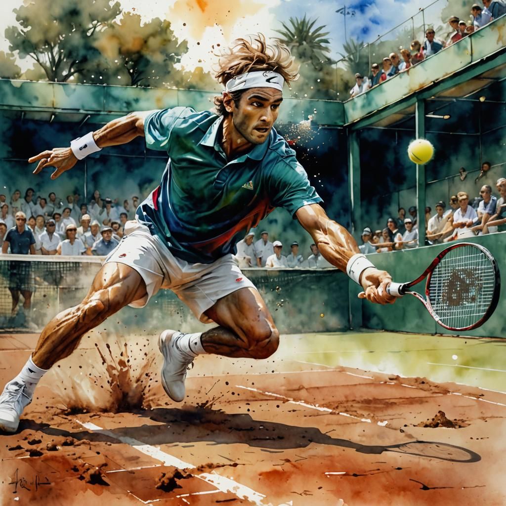 Tennis Player on Clay Court in Watercolor Style