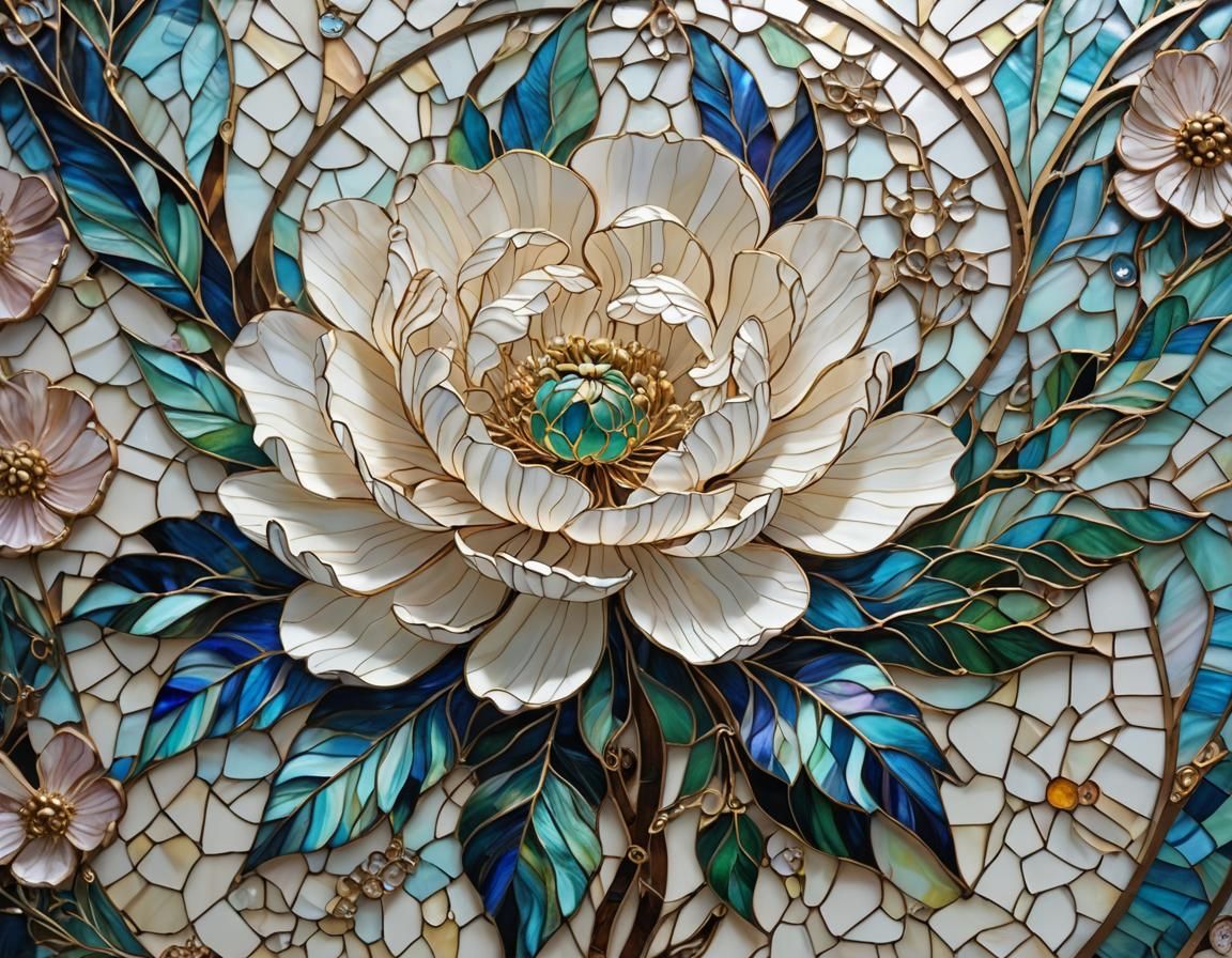 Hyperrealistic Stained Glass Mosaic of a White Peony