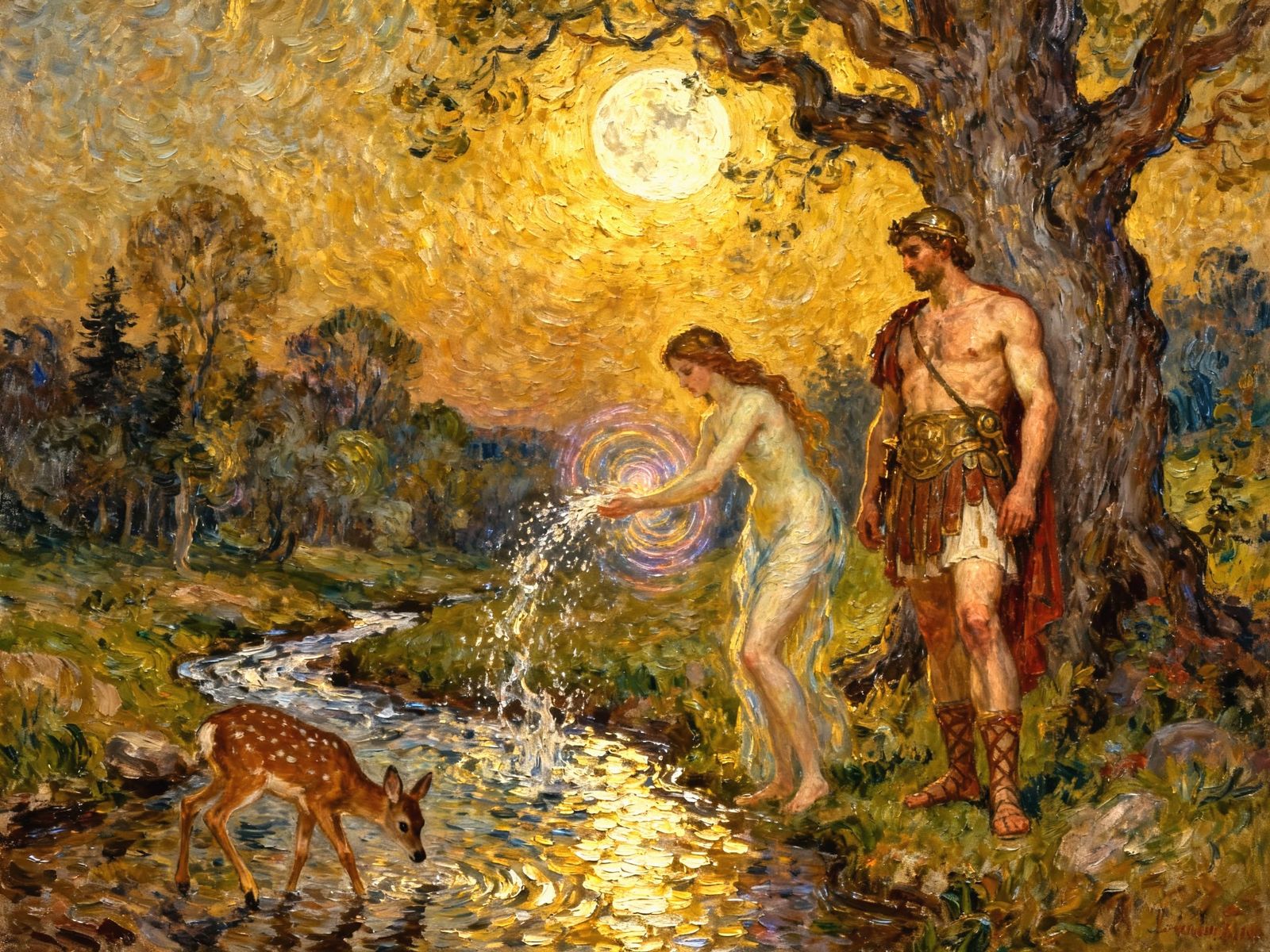 Roman Soldier and Nymph in Moonlit Fantasy Art