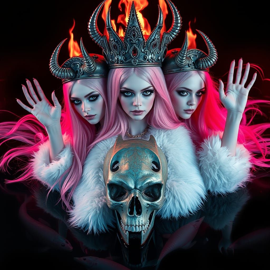 Triple-Headed Woman with Skull in Dramatic Lighting
