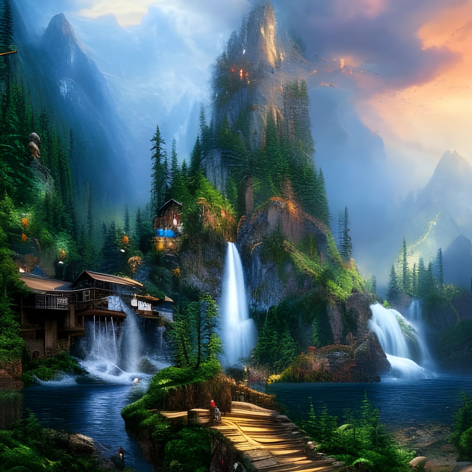 Picturesque Mountain Waterfall in Digital Painting Style