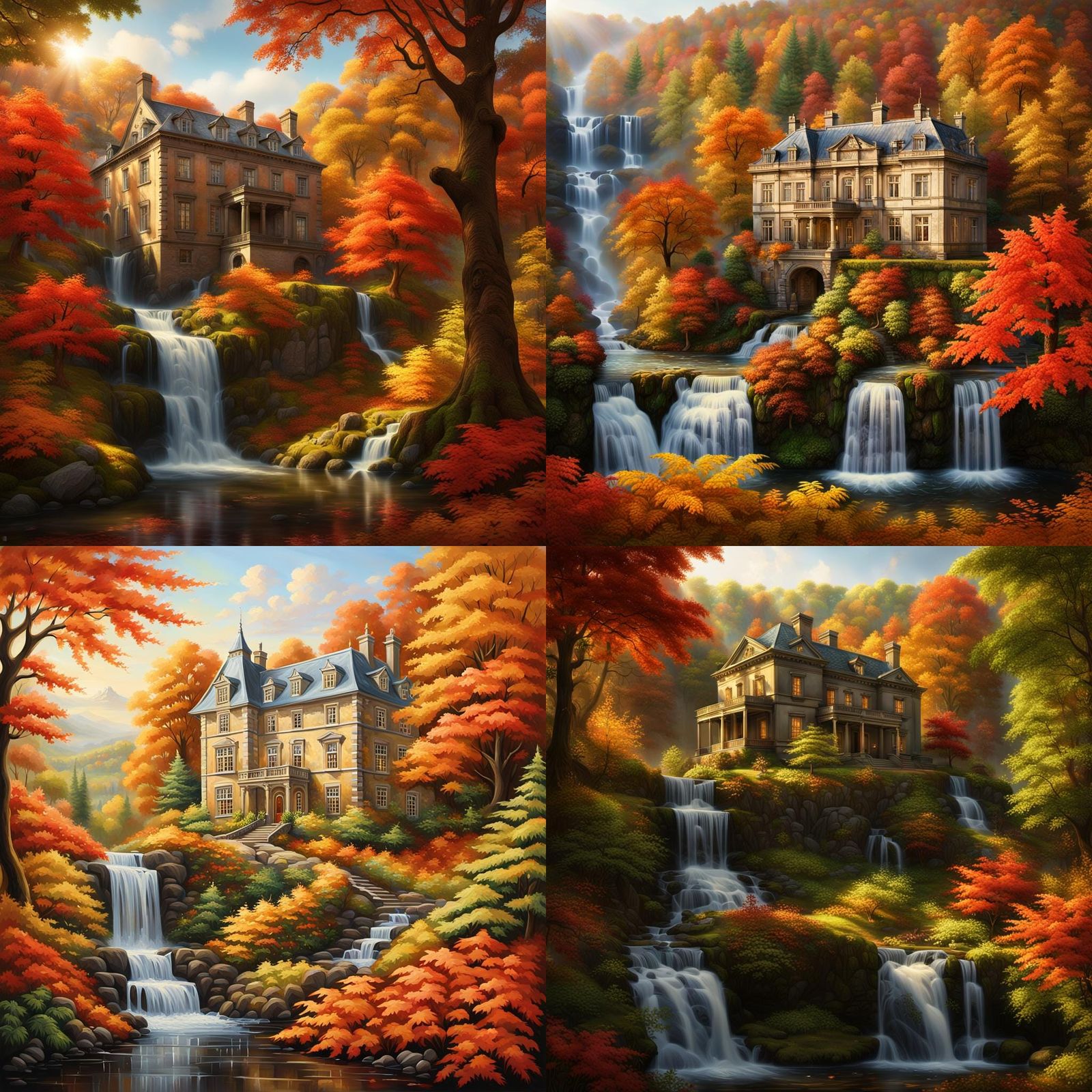 Autumn Manor House Waterfall in Romantic Style