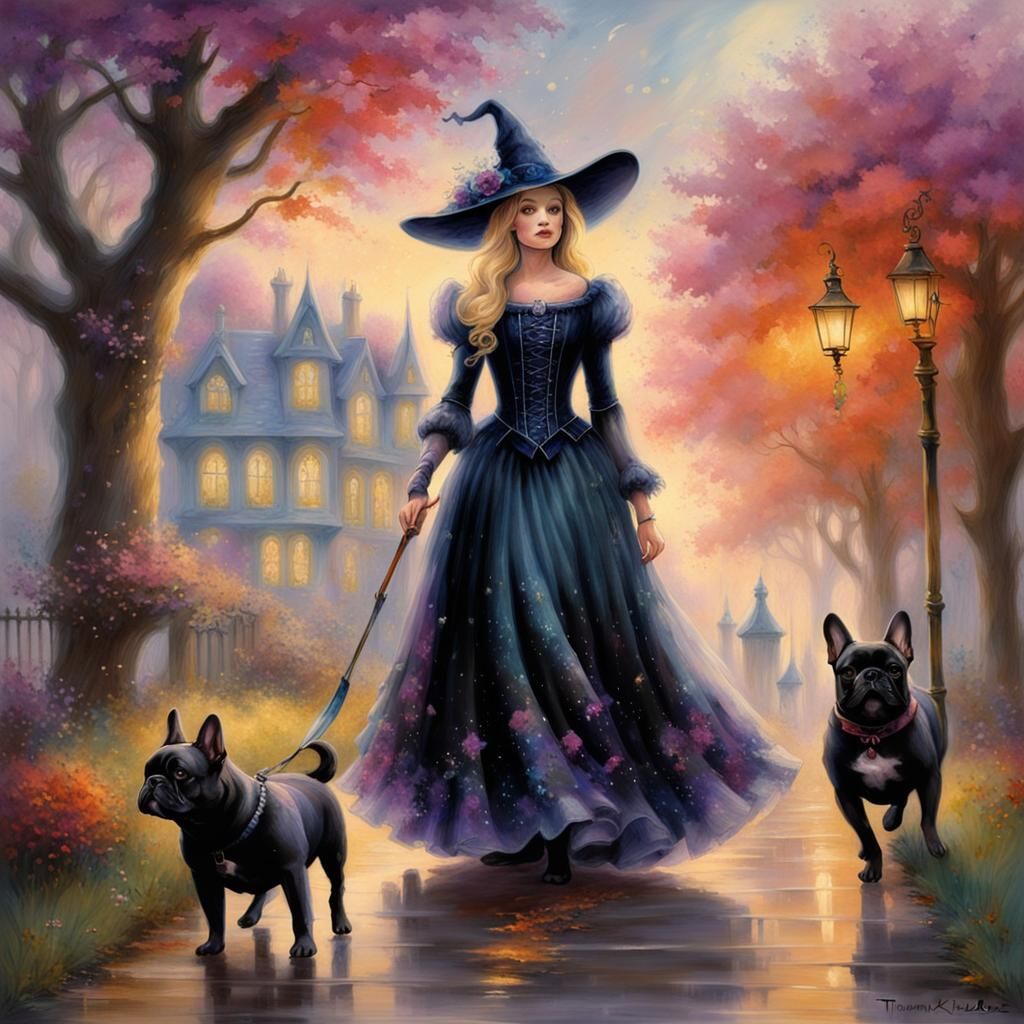 Gothic Witch Walks Dogs in Ethereal Fantasy
