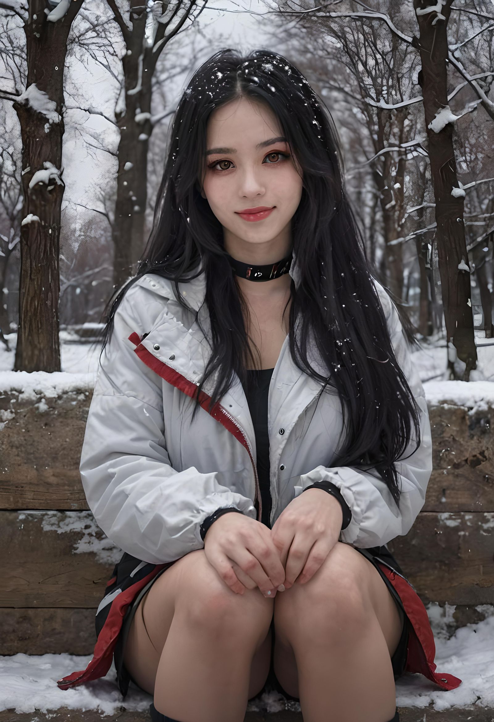 Woman with Red Eyes Smiling in Winter Snow