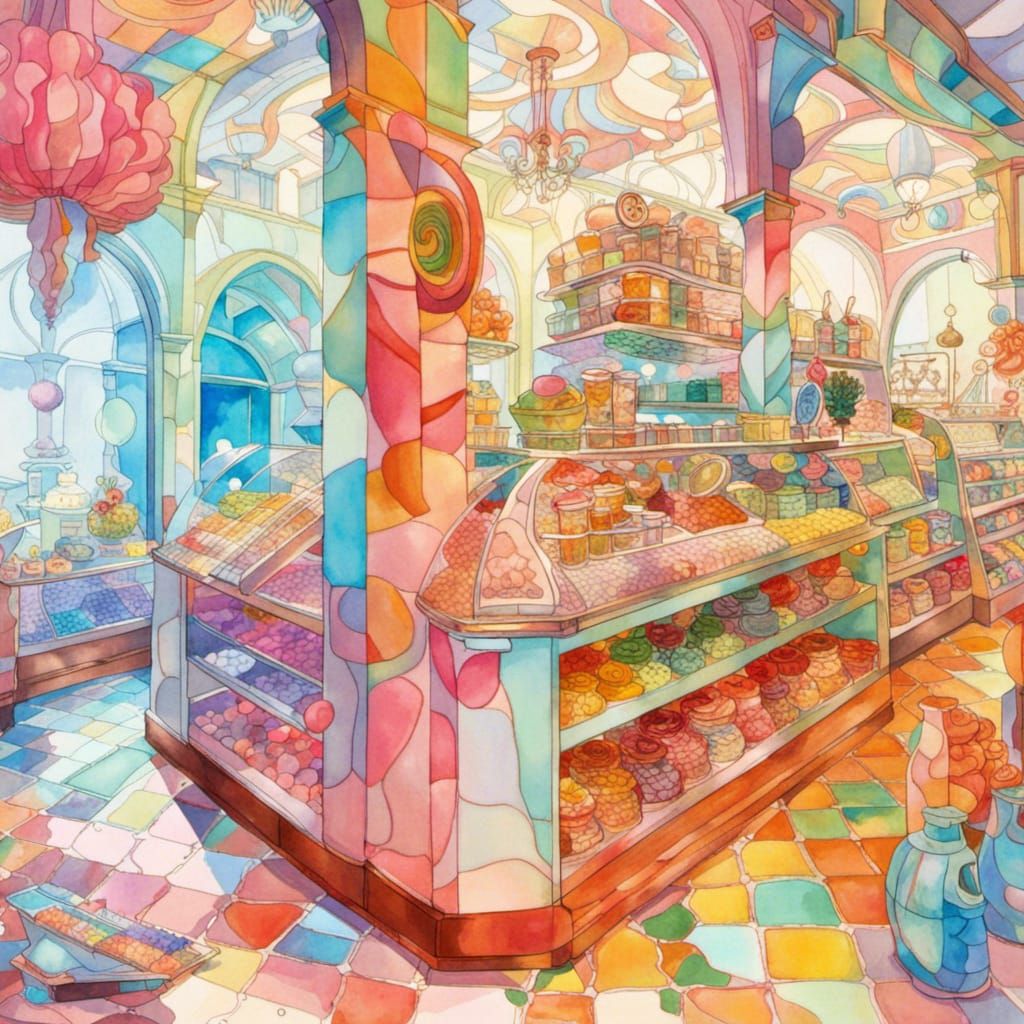 Art Nouveau Candy Shop Watercolour Painting