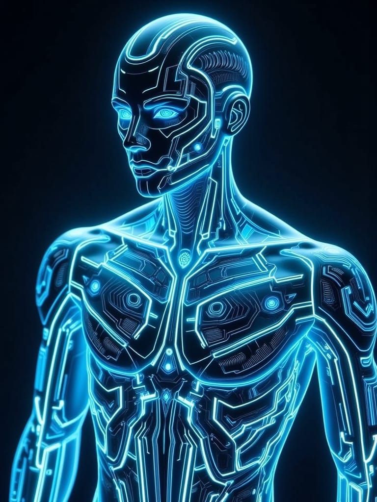 A humanoid form composed of glowing code glyphs, shifting data strands, language fragments, and waveform threads, dissol...