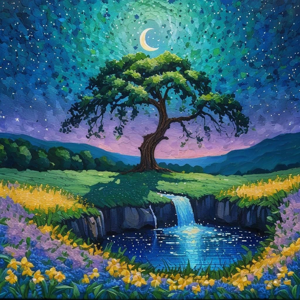 Pointillist Waterfall Landscape in Impressionist Style