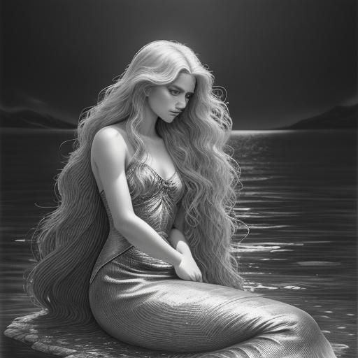 Elegant Mermaid in Enchanted Lagoon: Pencil Drawing