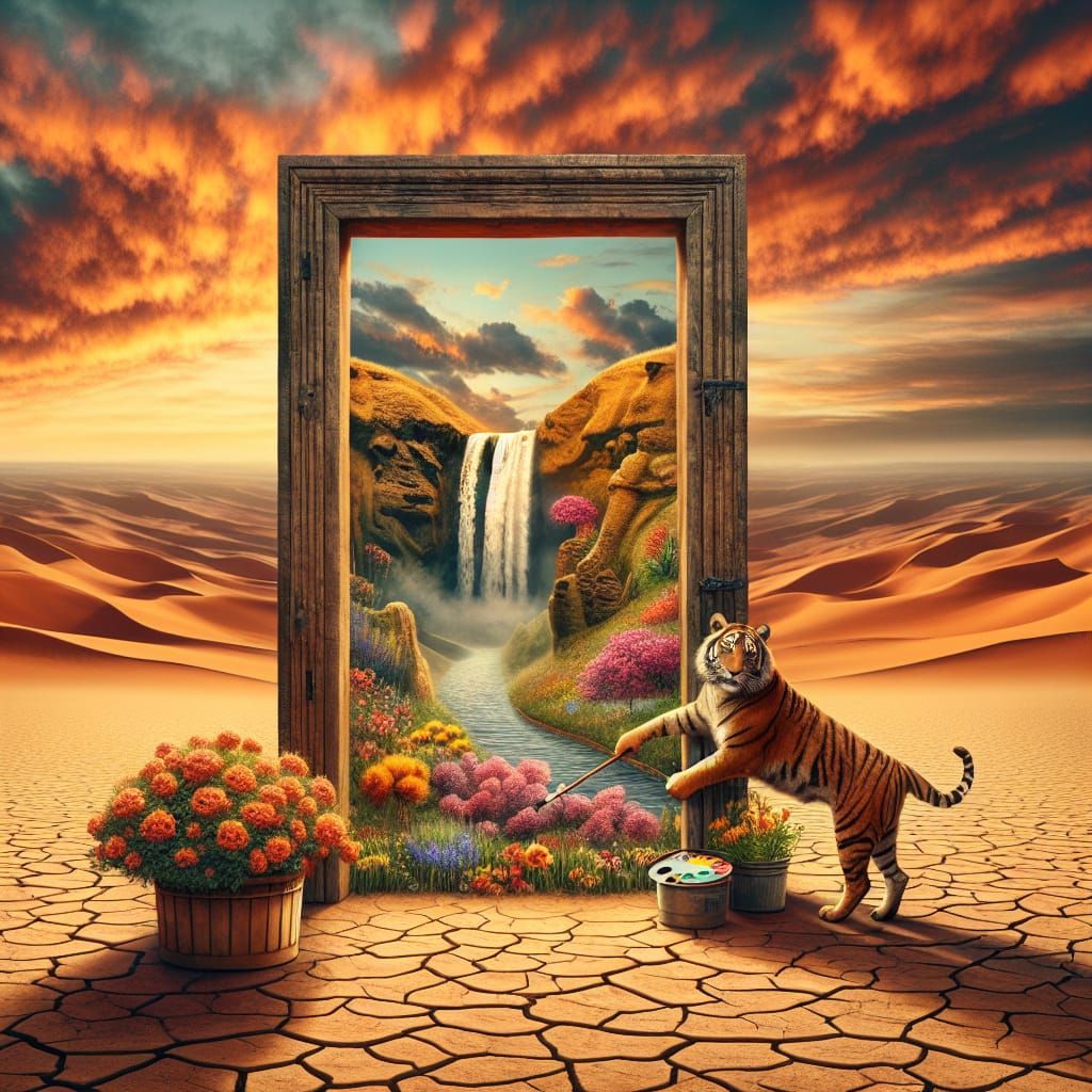Tiger Painter Creating Oasis Mirage in Desert