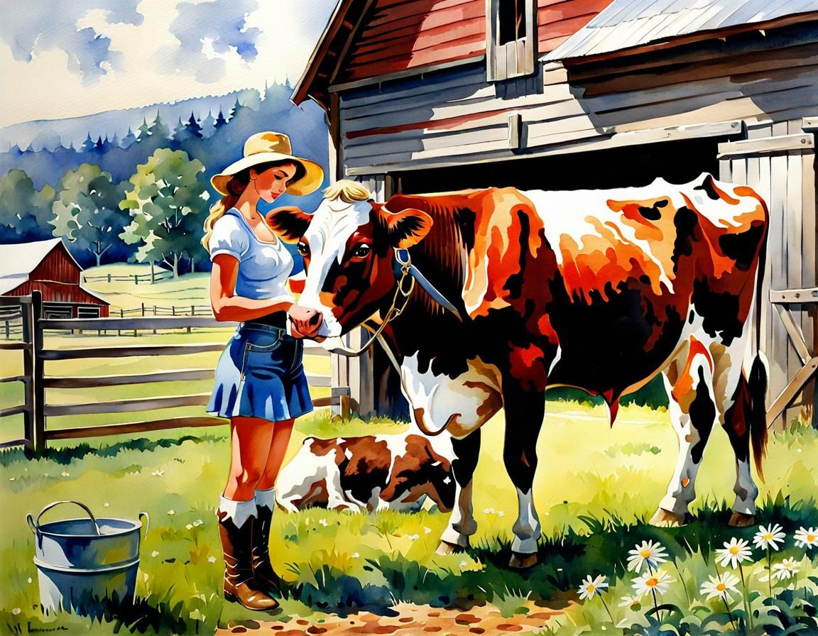 Country Girl Milking Cow, Watercolor Style