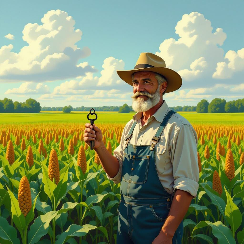 Farmer with Key in Lush Field, Digital Art