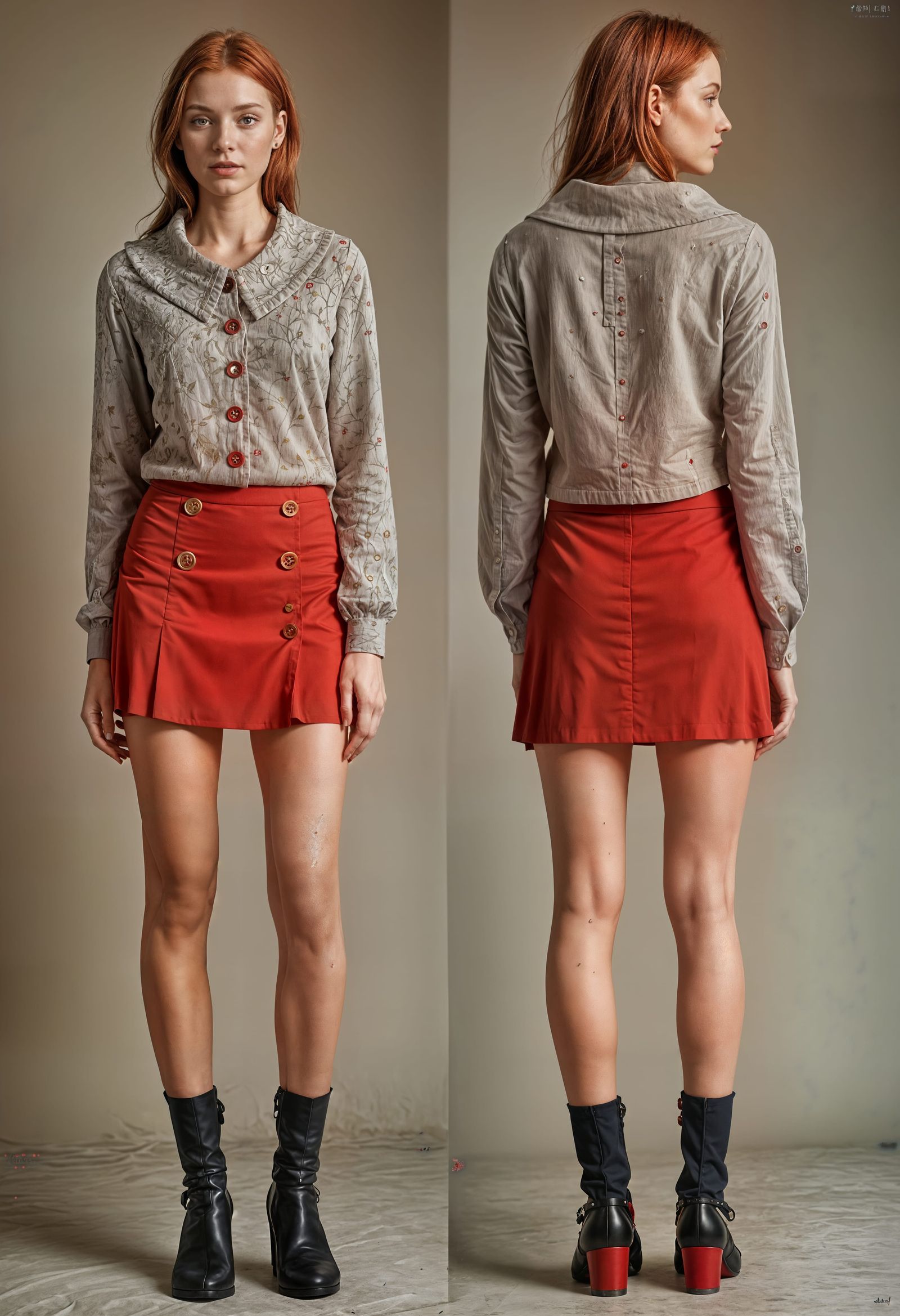 Redhead Model in Red Buttoned Skirt Fashion