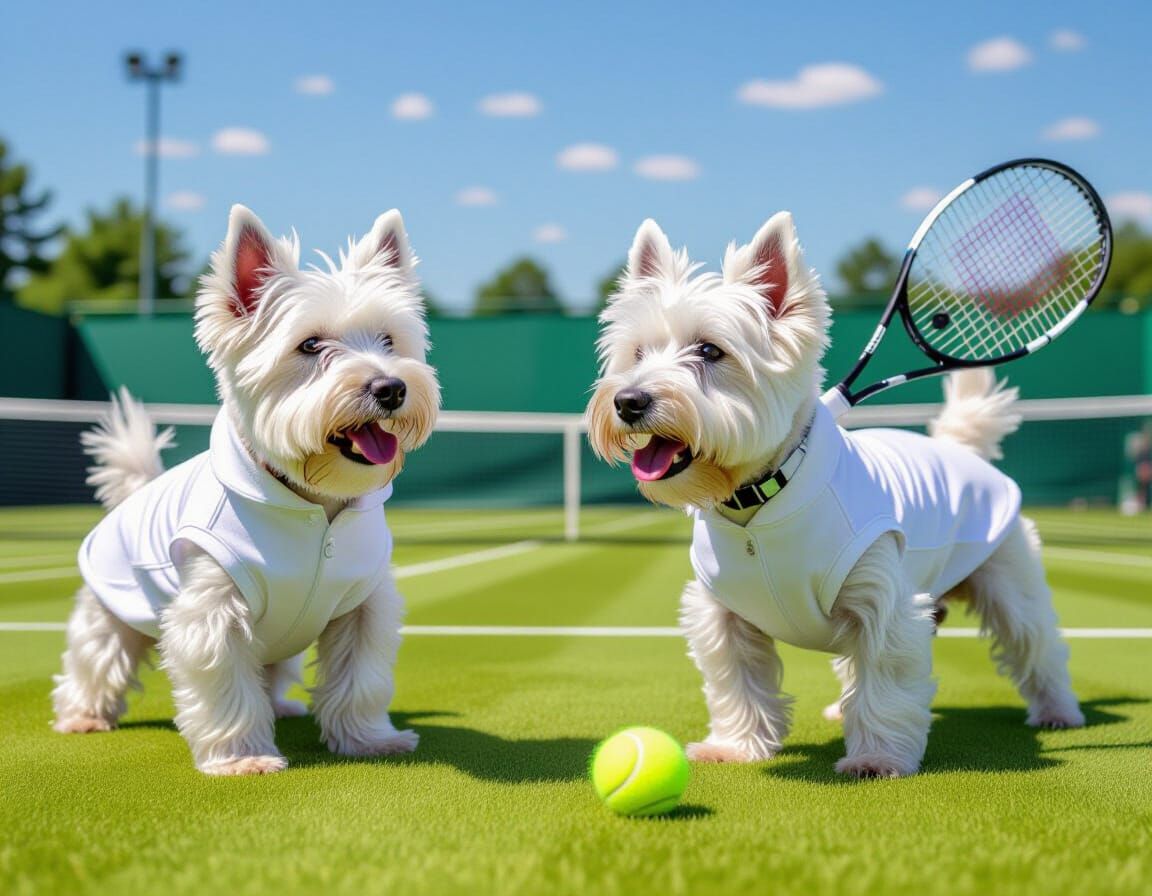 Dogs Playing Tennis at Wimbledon in White Outfits