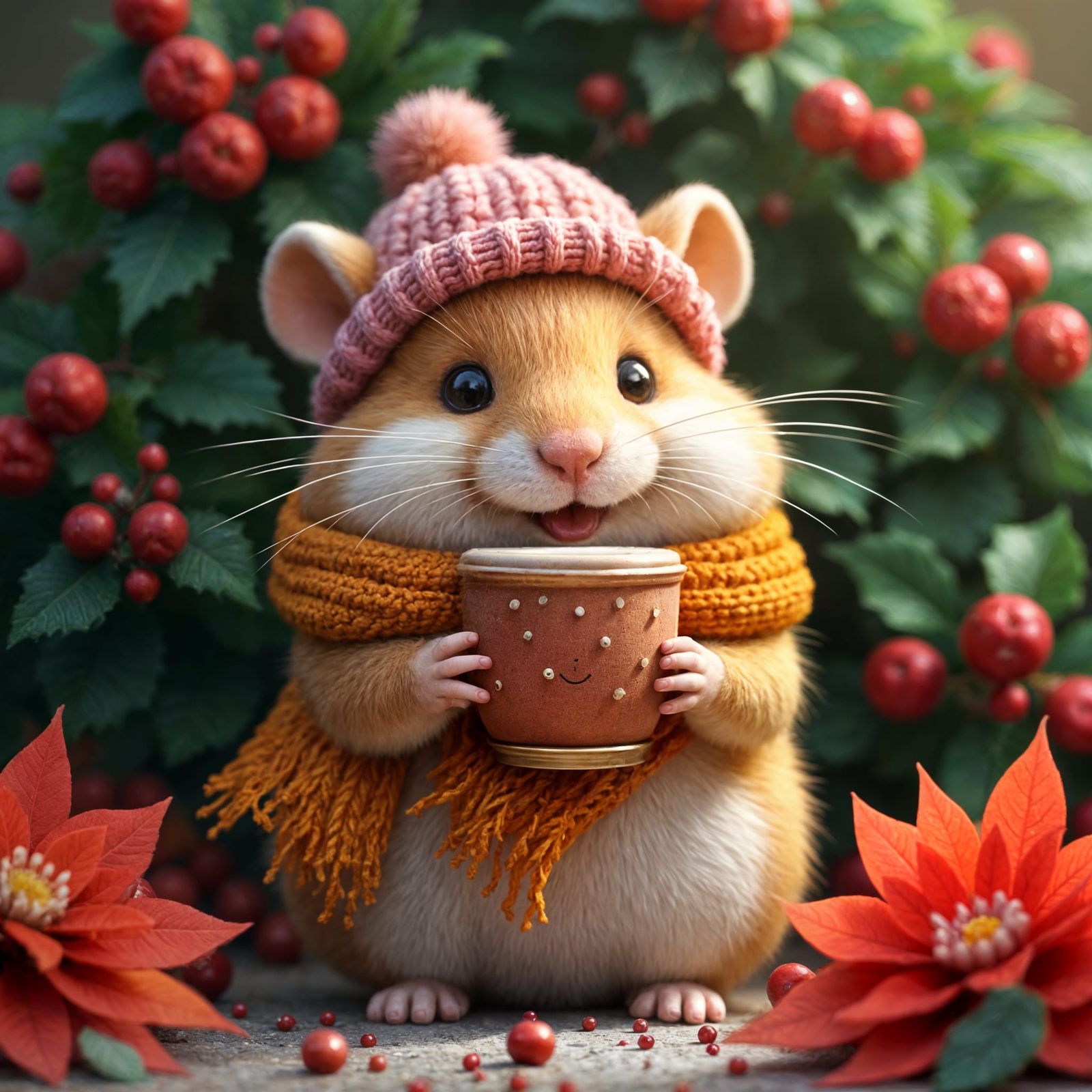Cute Hamster in Winter Outfit Enjoying Latte