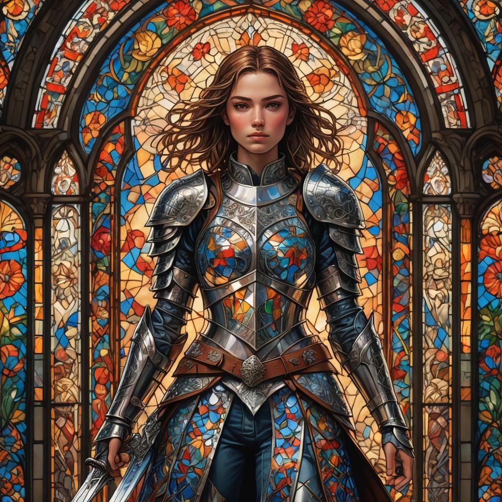 Armored Woman with Sword Before Stained Glass Window