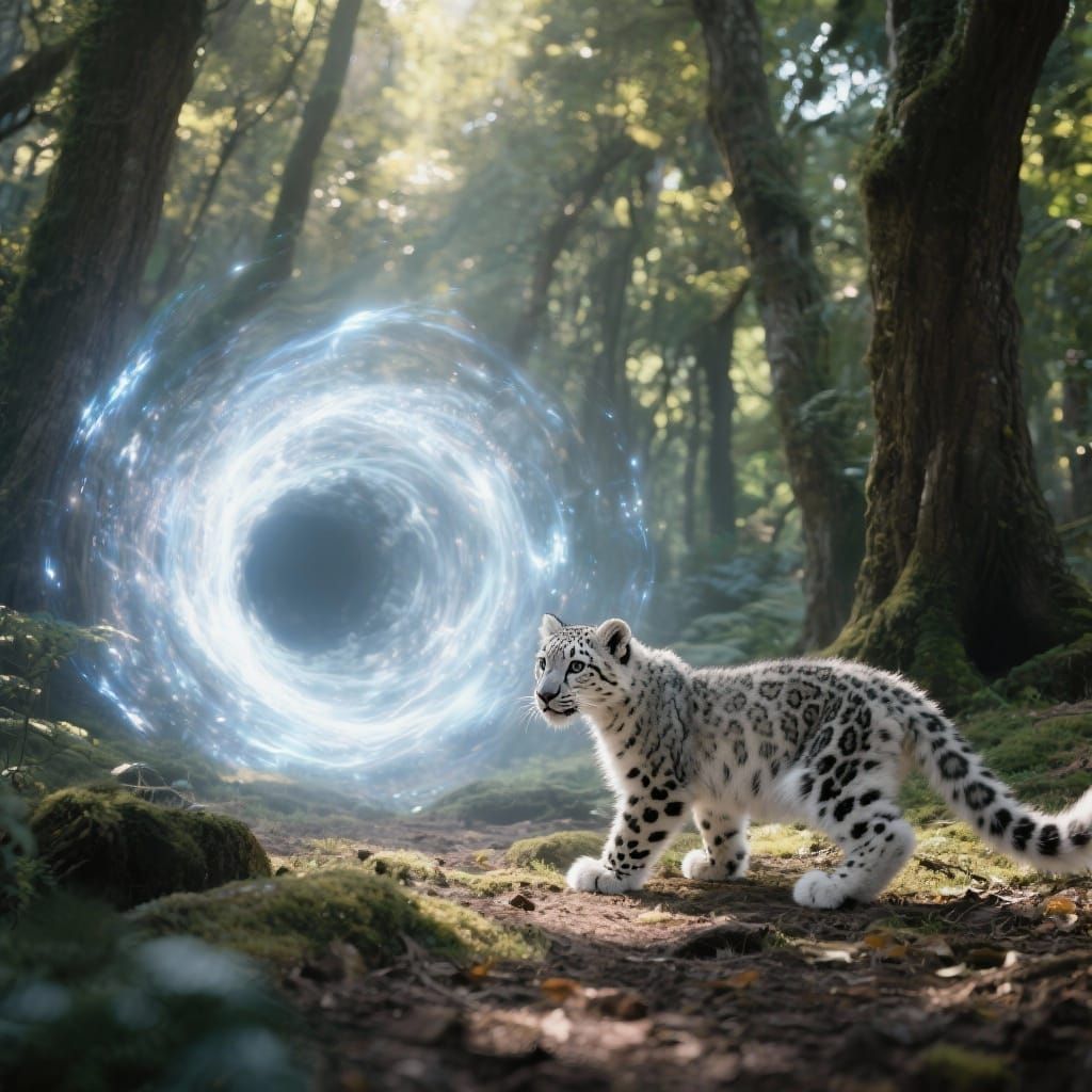 Snow Leopard Cub and Light Portal in Forest