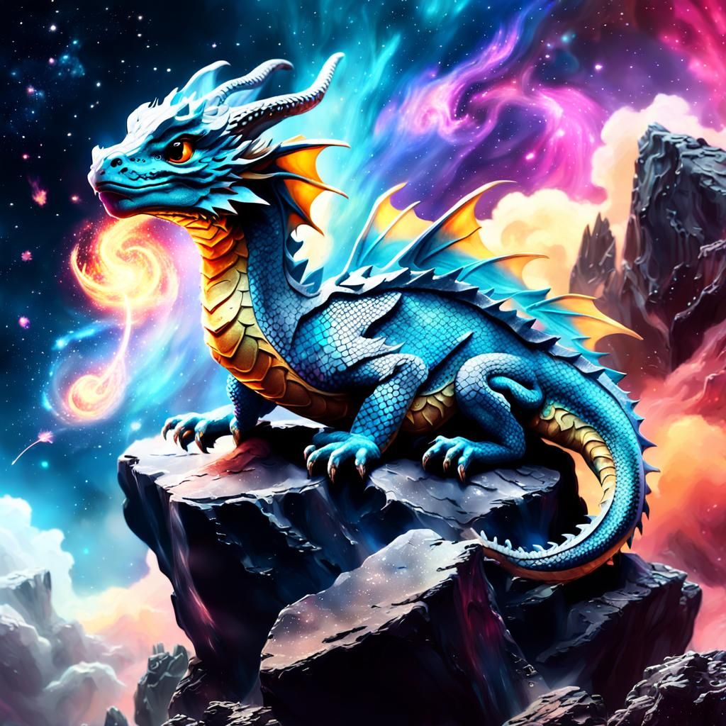 Cute Space Dragon Perched on Nebula Rock