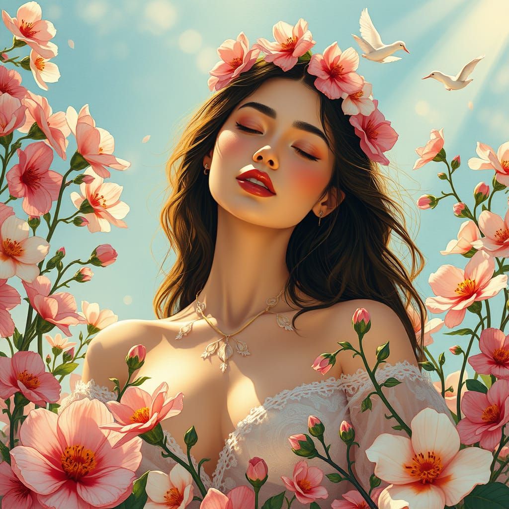 Serene Woman in Floral Art Nouveau Style