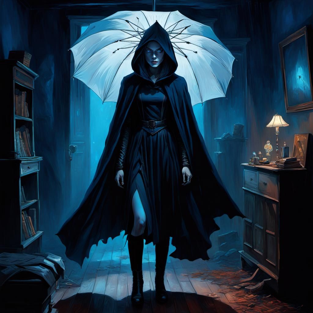 Ominous Specter Looms Behind Woman with Open Umbrella