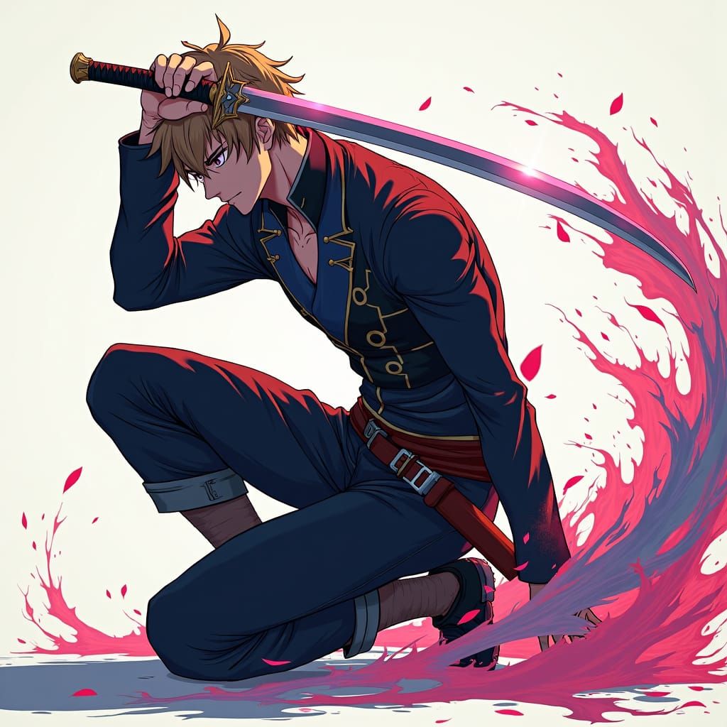 Anime Man Kneeling with Sword in Dramatic Portrait