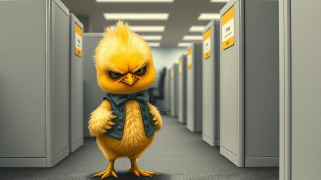 Angry Chick in Office, Whimsical Digital Art