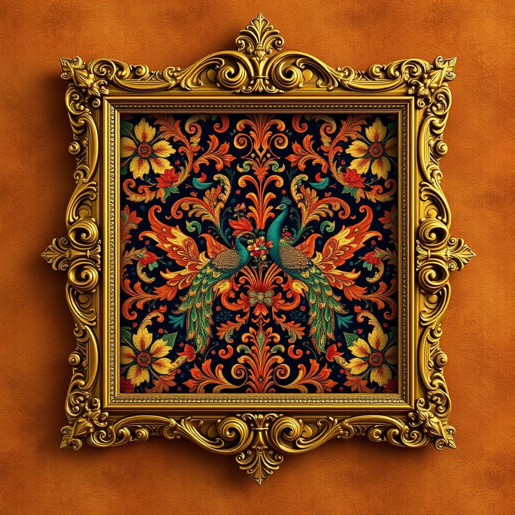 Golden Persian Pattern in Ornate Frame with Fantasy Motifs