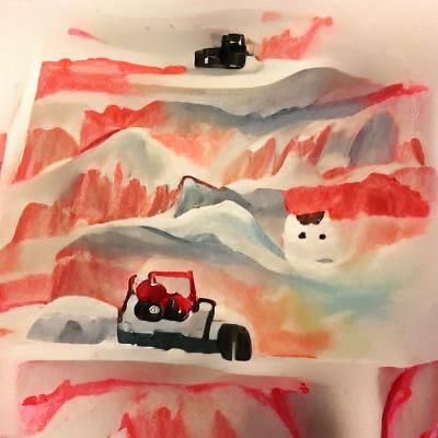 Watercolor Cat Drives Jeep Up Snowy Mountain