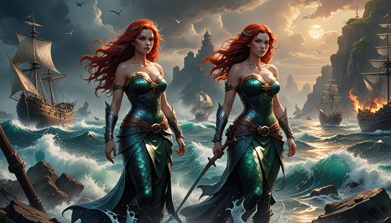Red-Haired Mermaid Warrior in Sunken Battlefield