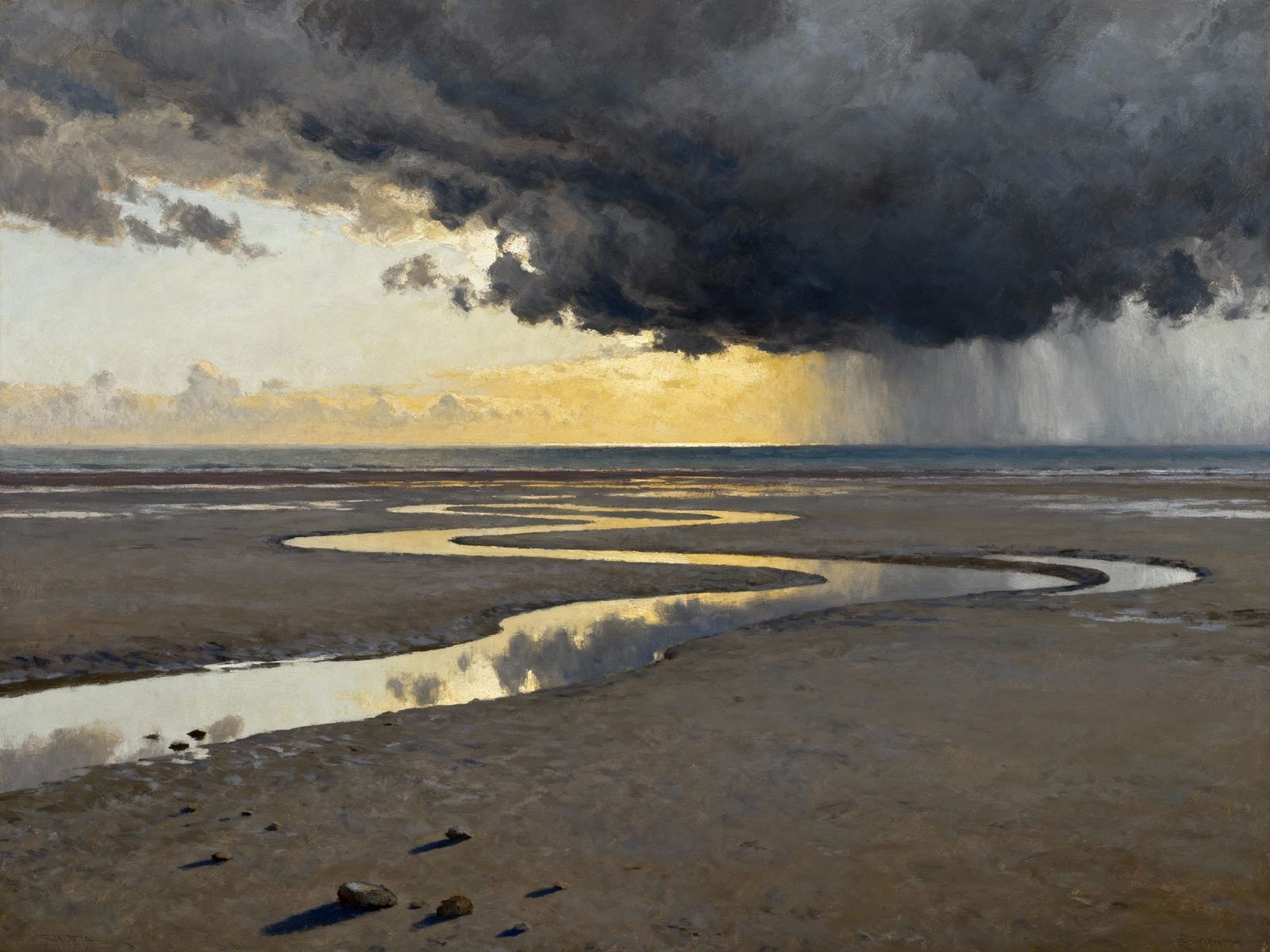 Moody Landscape Painting of Tidal Mudflats Under Stormy Sky
