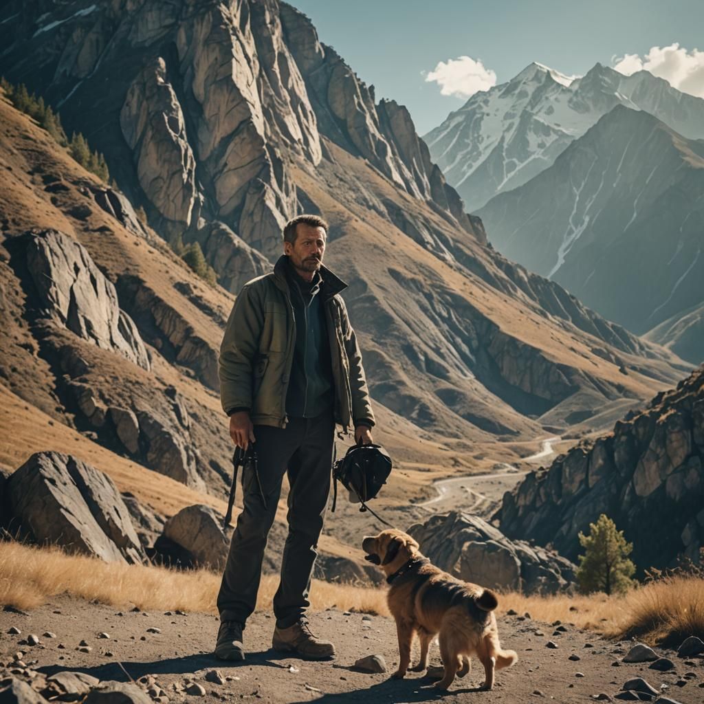 Man and Dog Mountain Scene: Cinematic Film Still