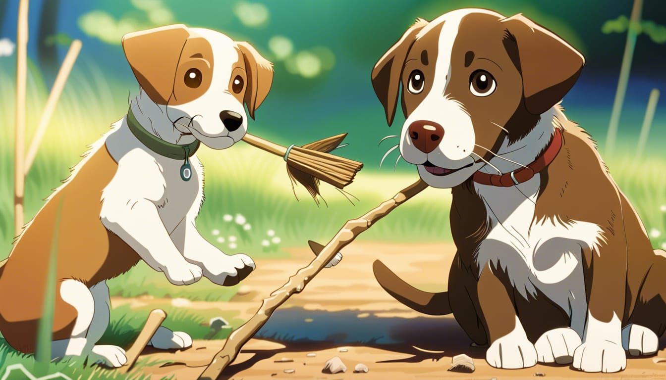Labrador and Jack Russell Puppies, Ghibli-Style Anime