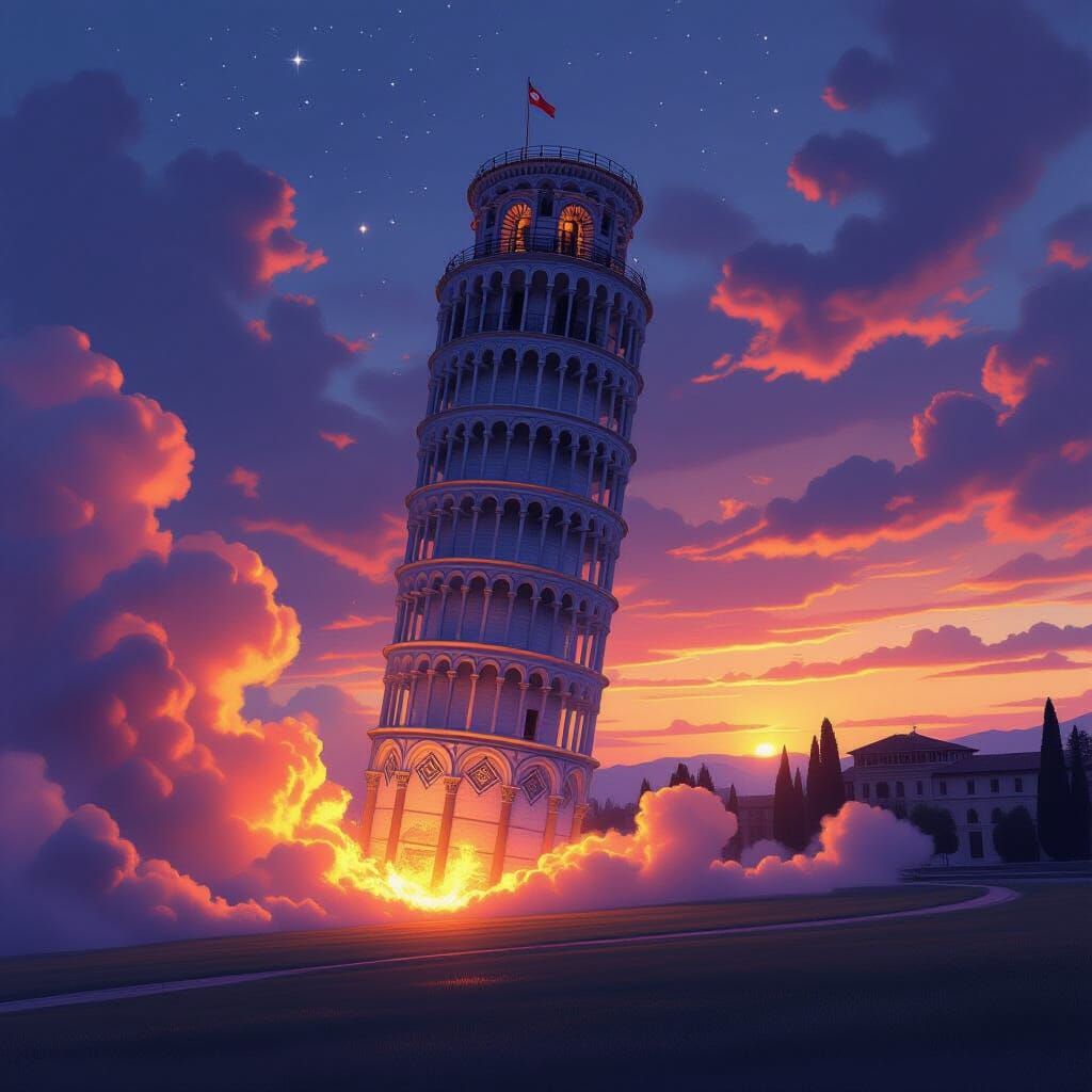 Leaning Tower of Pisa Launches into Fiery Twilight Sky