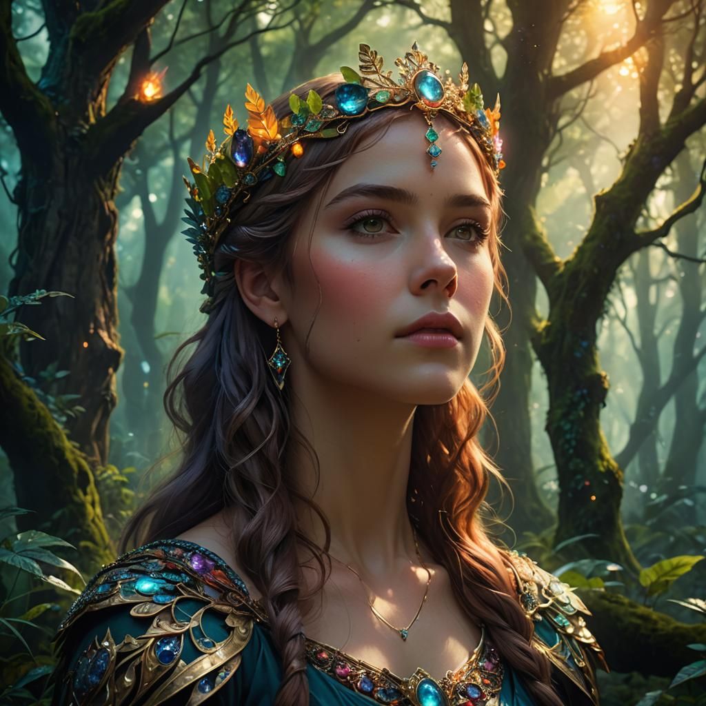 Gemstone Circlet Portrait in Mystical Forest: Fantasy Art